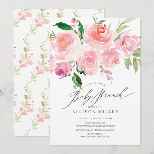 Invitation Aquarelle rose Baby shower Floral Brunch (Devant / Derrière)