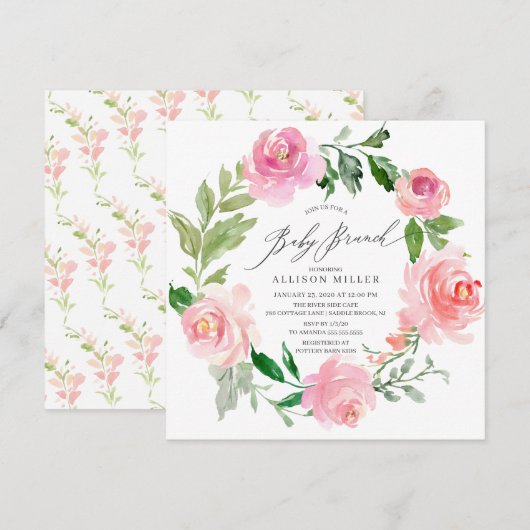 Invitation Aquarelle rose Baby shower Floral Brunch (Devant / Derrière)