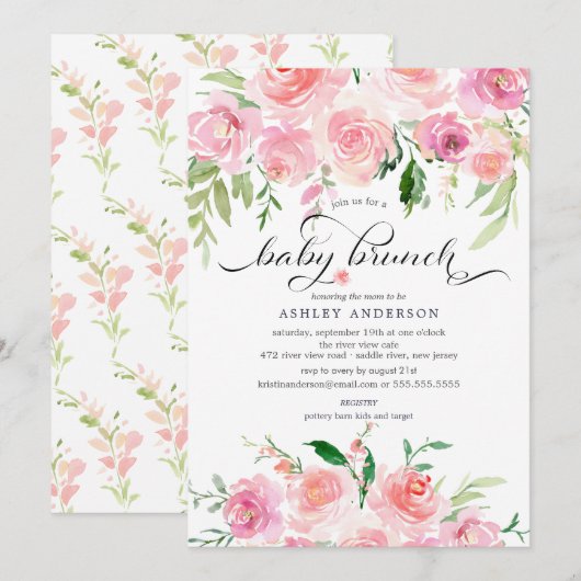 Invitation Aquarelle rose Baby shower Floral Brunch (Devant / Derrière)