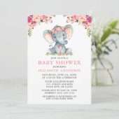 Invitation Aquarelle rose Baby shower floral Eléphant (Debout devant)