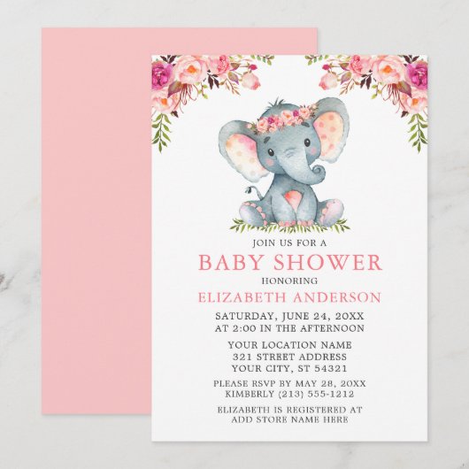 Invitation Aquarelle rose Baby shower floral Eléphant (Devant / Derrière)