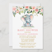 Invitation Aquarelle rose Baby shower Floral Eléphant Or (Devant)