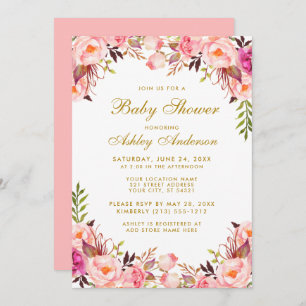 Invitation Aquarelle rose Baby shower Floral Or