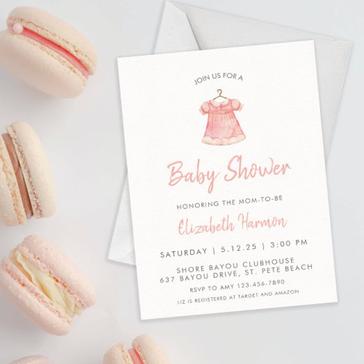Invitation Aquarelle rose Baby shower Robe fille