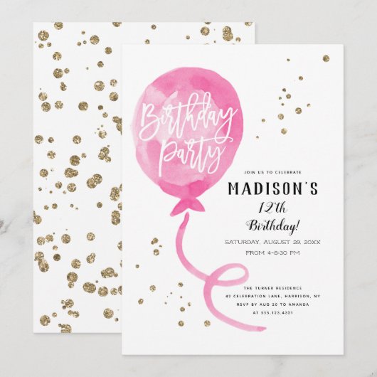 Invitation Aquarelle rose Balloon or Confetti Anniversaire (Devant / Derrière)