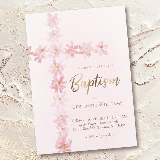 Invitation Aquarelle rose Baptême croix florale