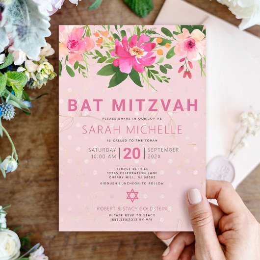 Invitation Aquarelle rose bat mitzvah Floral Moderne Simple