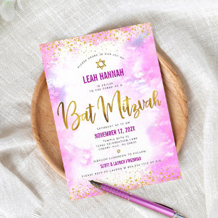 Invitation Aquarelle rose Bat mitzvah or Foil moderne