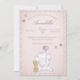 Invitation Aquarelle rose bébé fille éléphant et ballons sur
