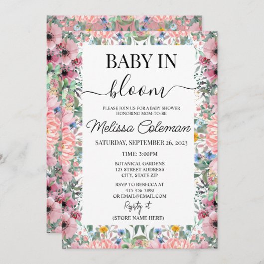 Invitation Aquarelle rose Bébé Floral En Baby shower Fleur (Devant / Derrière)