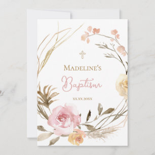Invitation aquarelle rose beige fleurs Baptême