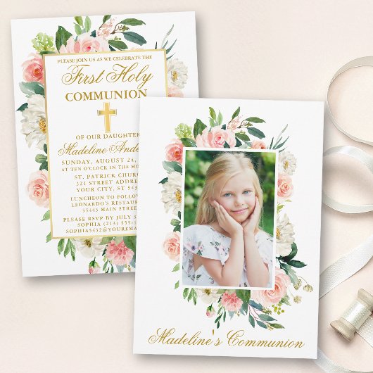 Invitation Aquarelle rose blanc floral Communion