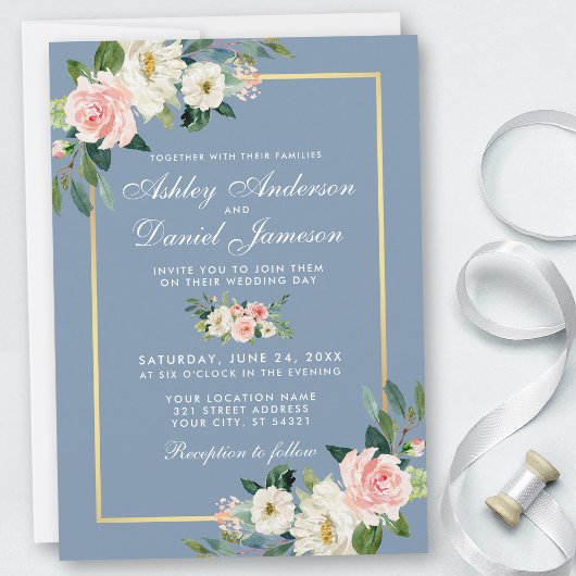 Invitation Aquarelle rose blanc Floral Dusty Blue Mariage