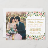 Invitation Aquarelle rose blanc floral or Mariage photo (Devant)