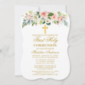 Invitation Aquarelle rose blanc floral or première communion (Devant)