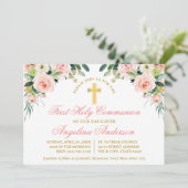 Invitation Aquarelle rose blanc Floral Première Communion Or (Debout devant)