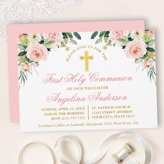 Invitation Aquarelle rose blanc Floral Première Communion Or