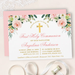Invitation Aquarelle rose blanc Floral Première Communion Or
