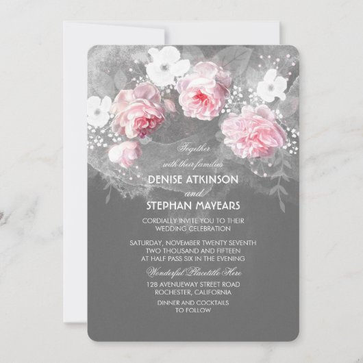 Invitation Aquarelle rose & blanc mariage floral invite (Devant)
