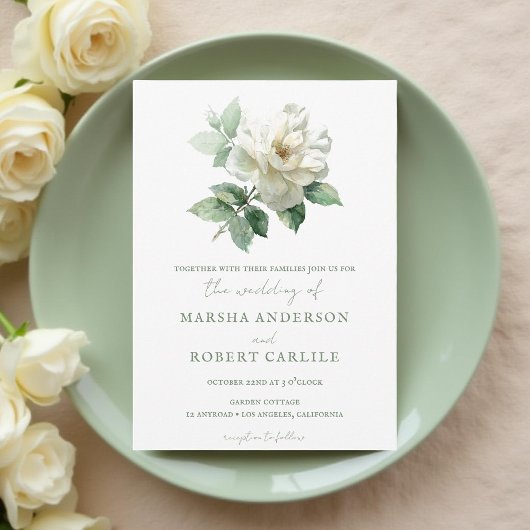 Invitation Aquarelle Rose Blanche Botanique Moderne