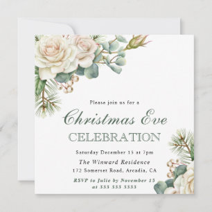 Invitation Aquarelle Rose Blanche d'Hiver Soir de Noël