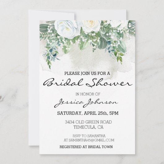 Invitation Aquarelle Rose blanche Eucalyptus Bouquet floral (Devant)