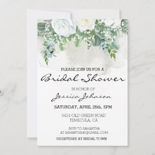 Invitation Aquarelle Rose blanche Eucalyptus Bouquet floral