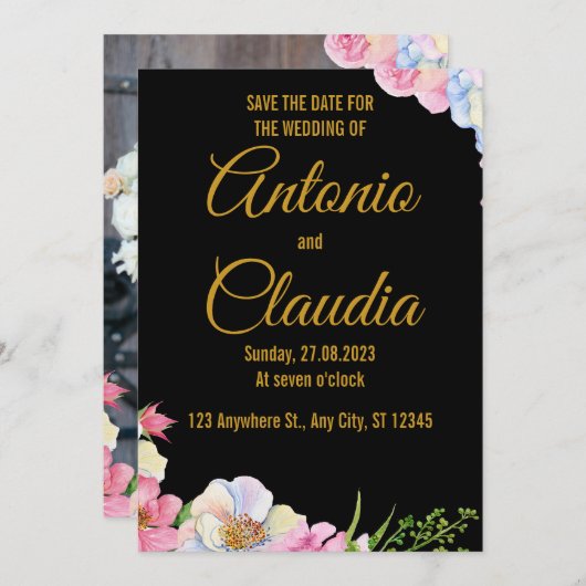 Invitation Aquarelle Rose Bleu Fleurs Mariage Enregistrer La (Devant / Derrière)