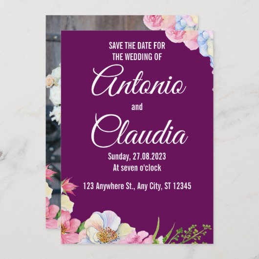 Invitation Aquarelle Rose Bleu Fleurs Mariage Enregistrer La (Devant / Derrière)