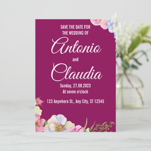 Invitation Aquarelle Rose Bleu Fleurs Mariage Enregistrer La (Debout devant)