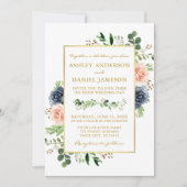 Invitation Aquarelle rose bleu foncé Rose Mariage or (Devant)