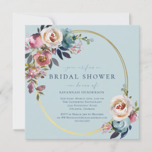 Invitation Aquarelle rose Bleu Or Fête des mariées Florale En