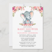 Invitation Aquarelle rose Blush Baby shower Floral Eléphant (Devant)