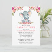 Invitation Aquarelle rose Blush Baby shower Floral Eléphant (Debout devant)