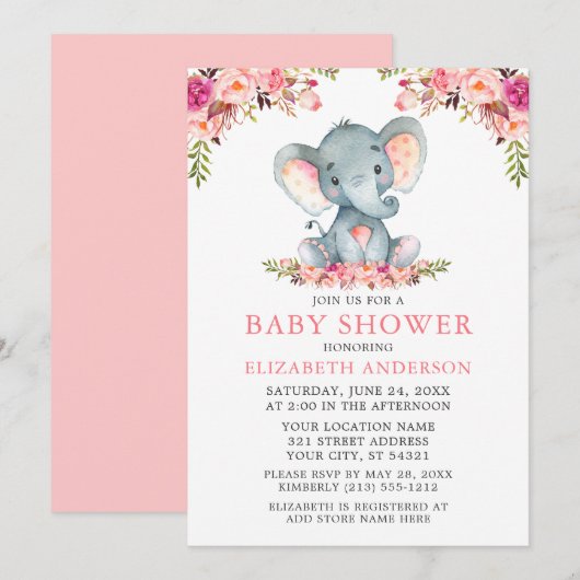 Invitation Aquarelle rose Blush Baby shower Floral Eléphant (Devant / Derrière)