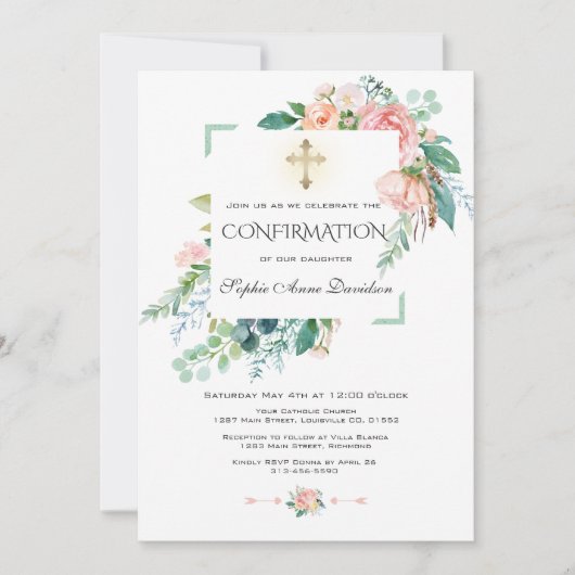 Invitation Aquarelle rose Blush Blanc Floral Confirmation (Devant)