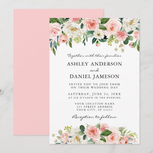 Invitation Aquarelle rose Blush Blanc Floral Élégant Mariage (Devant / Derrière)
