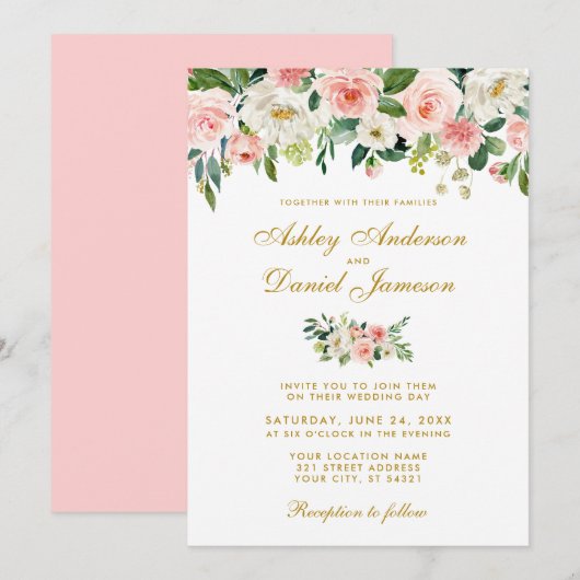 Invitation Aquarelle rose Blush Blanc Floral Mariage Or P (Devant / Derrière)