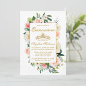 Invitation Aquarelle rose Blush Blanc Floral Quinceanera (Debout devant)