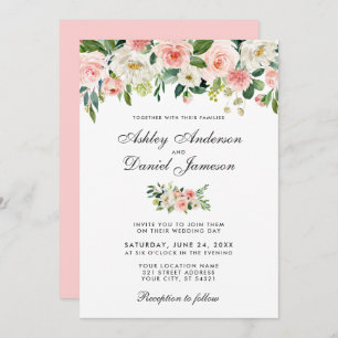 Invitation Aquarelle rose Blush et blanc Mariage Floral P