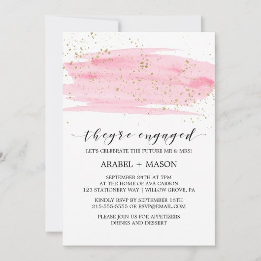 Invitation Aquarelle rose Blush et Gold Engagement Party (Devant)