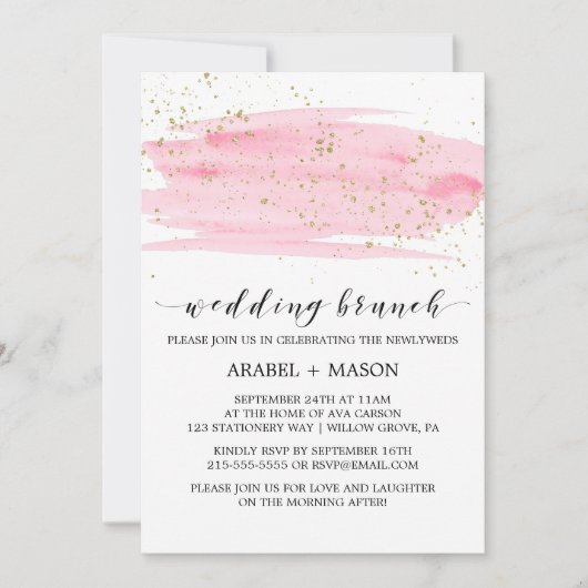 Invitation Aquarelle rose Blush et Mariage or Brunch (Devant)