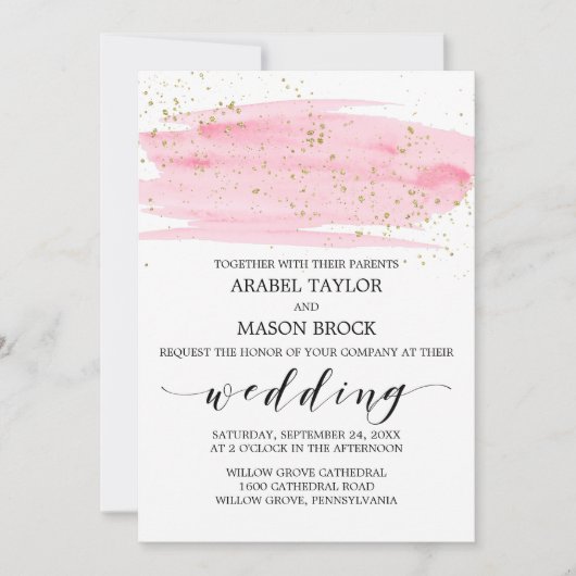 Invitation Aquarelle rose Blush et or Mariage étincelant (Devant)