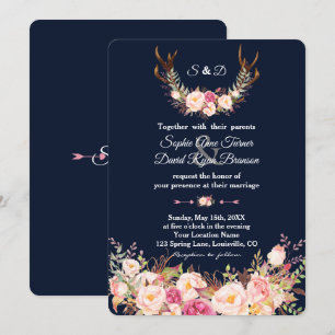 Invitation Aquarelle rose Blush Floral Antlers Mariage de mar
