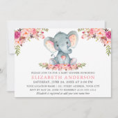 Invitation Aquarelle rose Blush Floral Elephant Baby shower (Devant)