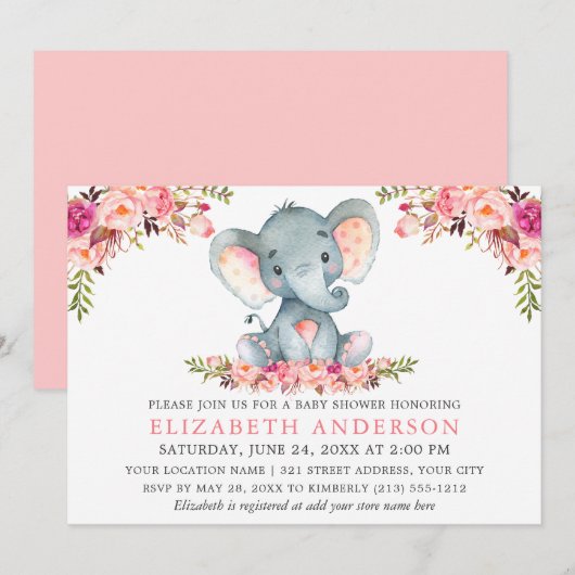 Invitation Aquarelle rose Blush Floral Elephant Baby shower (Devant / Derrière)