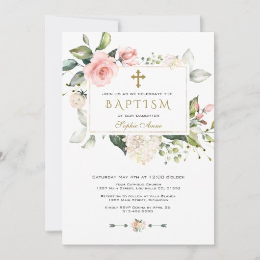 Invitation Aquarelle rose Blush Floral Frame Cross Baptême (Devant)