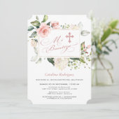 Invitation Aquarelle rose Blush Floral Frame Cross Baptême (Debout devant)
