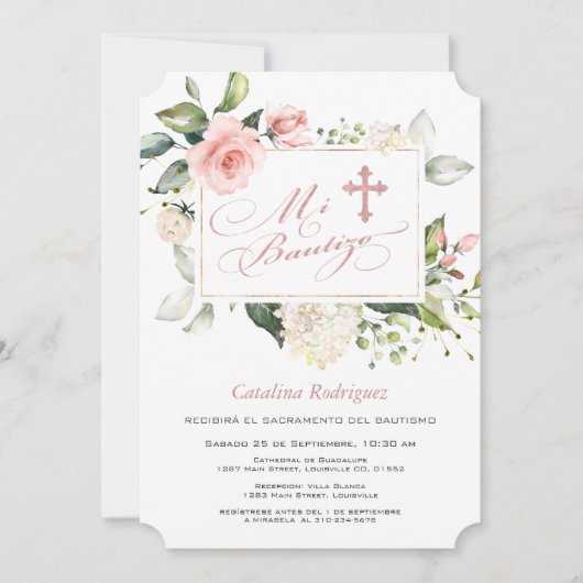 Invitation Aquarelle rose Blush Floral Frame Cross Baptême (Devant)