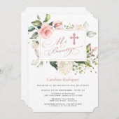 Invitation Aquarelle rose Blush Floral Frame Cross Baptême (Devant / Derrière)
